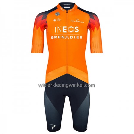 Set Fietsshirt + Korte Koersbroek 2023 INEOS Grenadiers Oranje Donkerblauw